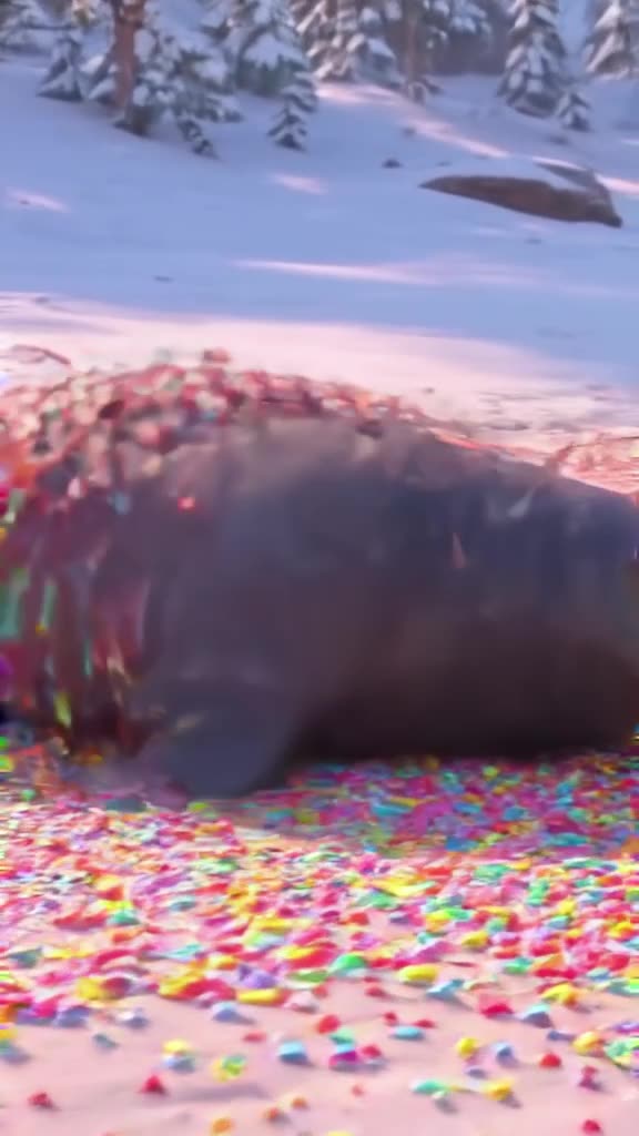 A seal slides on its belly across a beach covered in rainbow sprinkles. It spins rapidly,…