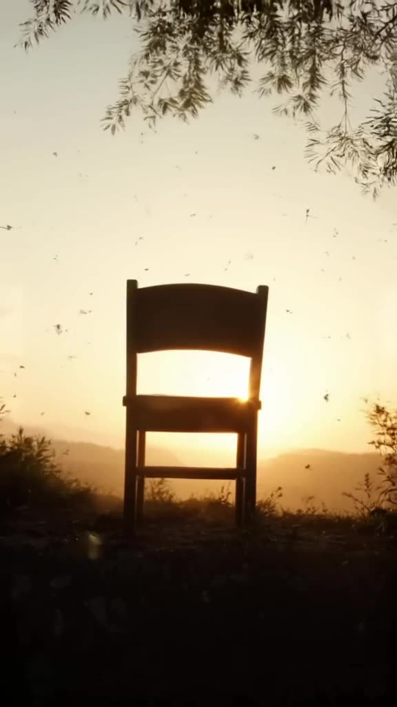 A wooden chair sits empty on a cliff edge. Leaves swirl around it in a gentle tornado. Wh…