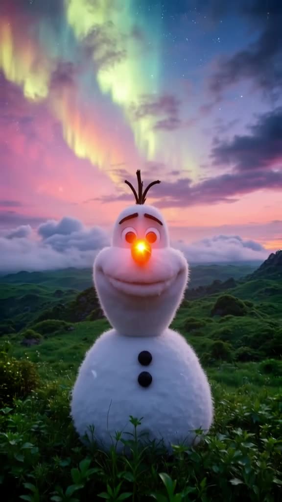 A snowman’s carrot nose glows bright orange under aurora borealis. The aurora pulses in r…