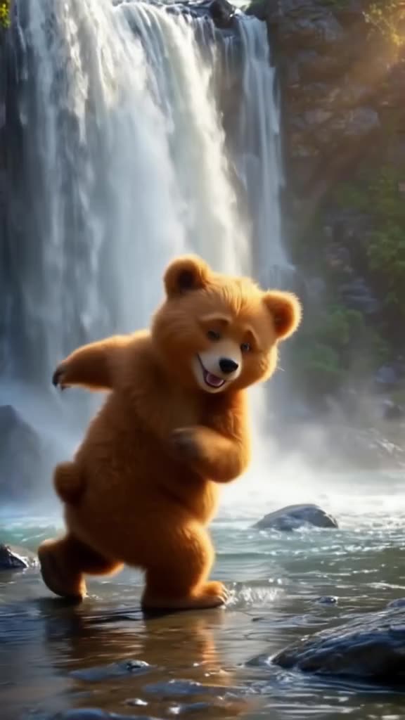 A bear cub attempts to do the cha-cha beside a roaring waterfall, slipping comically on w…