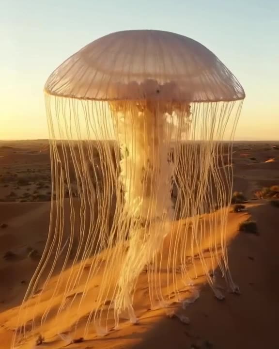 A giant, translucent jellyfish the size of a bus drifts silently over a golden-hour deser…