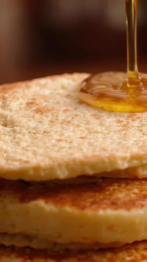 A perfect stack of pancakes wobbles as a stream of golden syrup is poured over them. The …