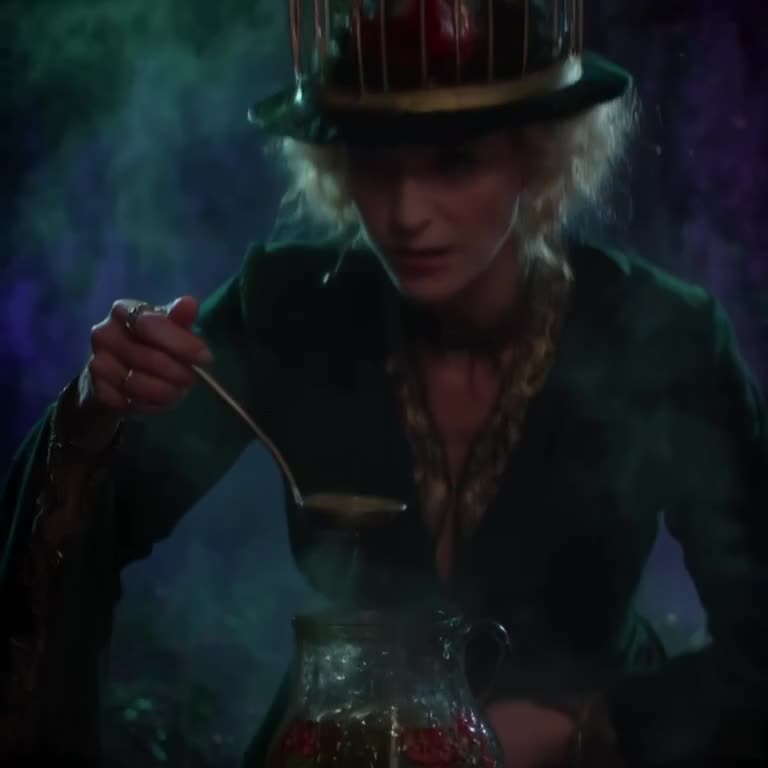 A witch stirs her potion with a ladle. She takes a sip and her hat turns into a birdcage …