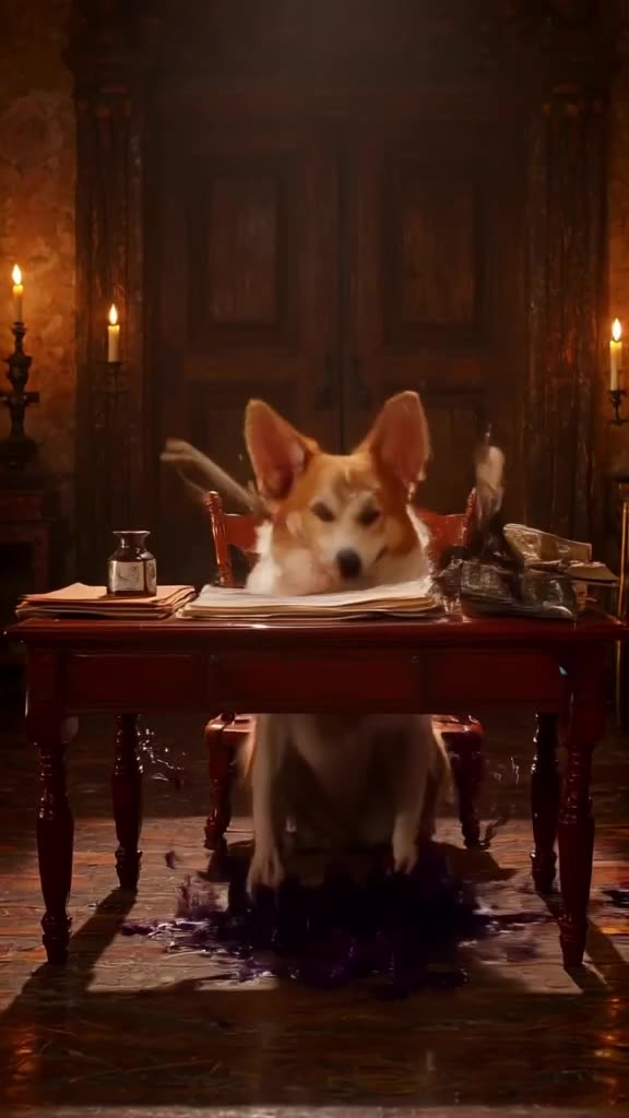 Pembroke Welsh Corgi sits at a mahogany desk piled with parchment papers, holding a quill…