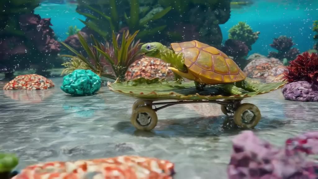 A whimsical scene of a turtle riding a skateboard made of a large, flat leaf. It navigate…