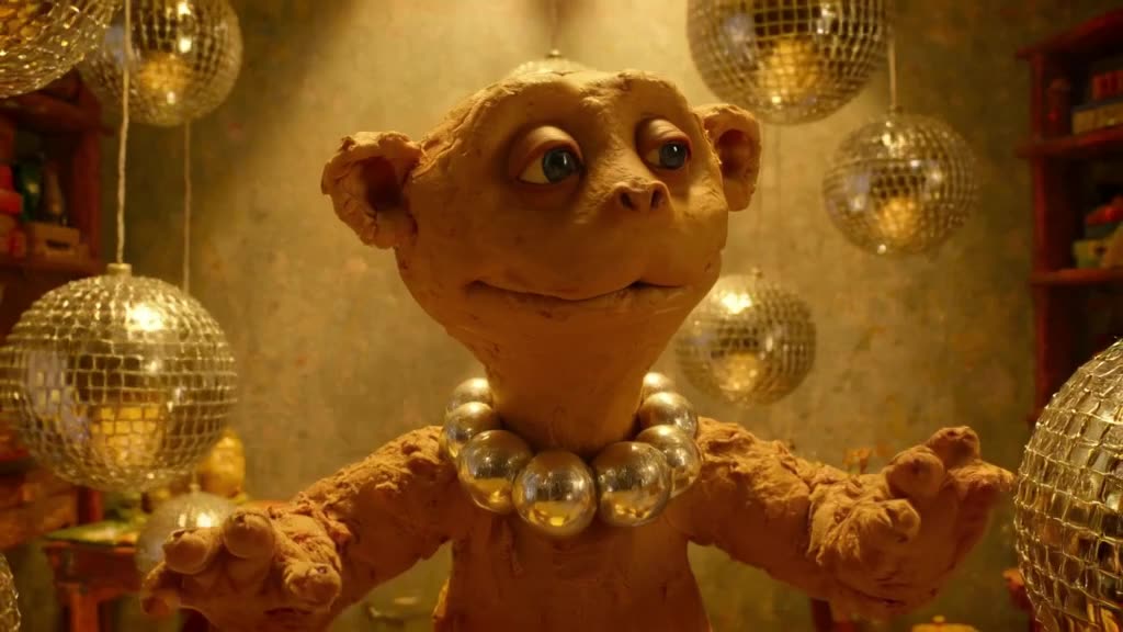 A sloth wearing a disco ball necklace slowly bobs its head in a room full of floating dis…
