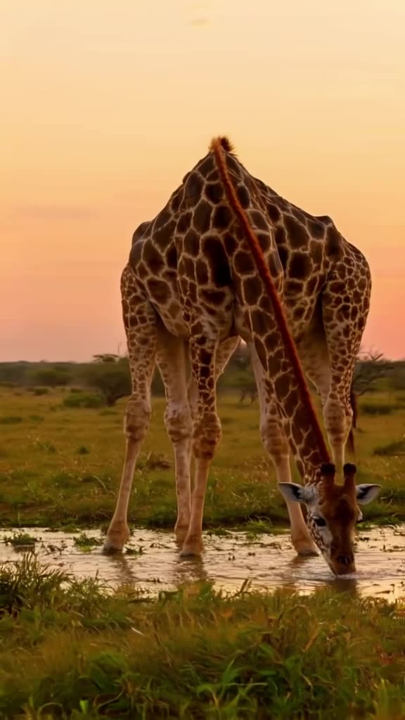 A baby giraffe tries to drink from a puddle, neck twisting awkwardly. Sunset orange light…