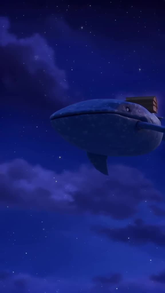 A whale made of stacked books swims through a starry night sky. Camera zooms in on a book…