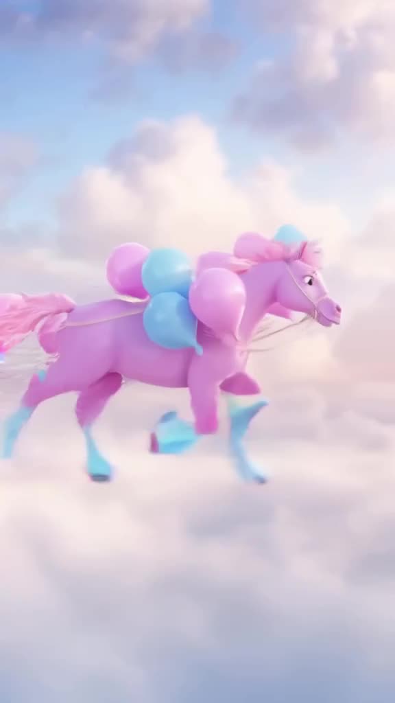 A horse formed from floating, deflating balloons in pastel pink and blue gallops through …