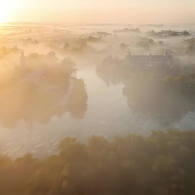 A drone shot sweeps over a foggy moat, where the water instantly crystallizes into glass …