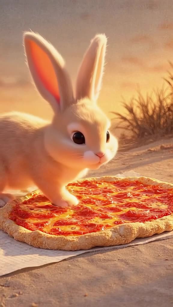 A bunny bunny hops onto a slice of margherita pizza, treating it like a warm sunbeam. It …