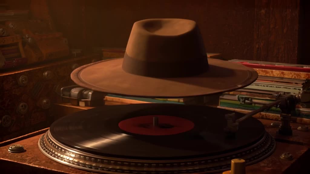 A cap sits on a turntable. As the record spins, the brim extends like a helicopter blade,…
