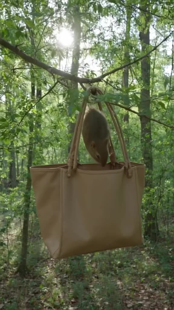 An expensive beige tote bag hangs from a minimalist tree branch in a forest. A chipmunk s…