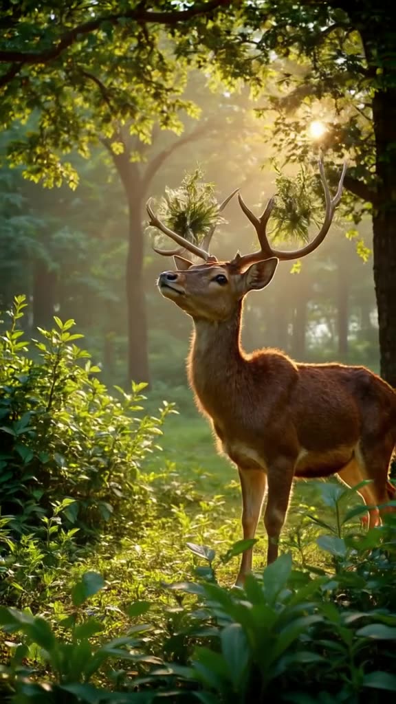 Drone-style pixel view of a lush forest. A deer stands peacefully. Suddenly, its antlers …