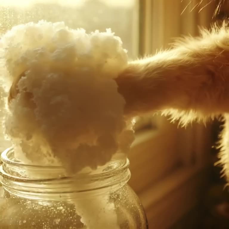 A cat’s paw slowly pushing a ball of soapy foam off a windowsill into a glass jar. Golden…