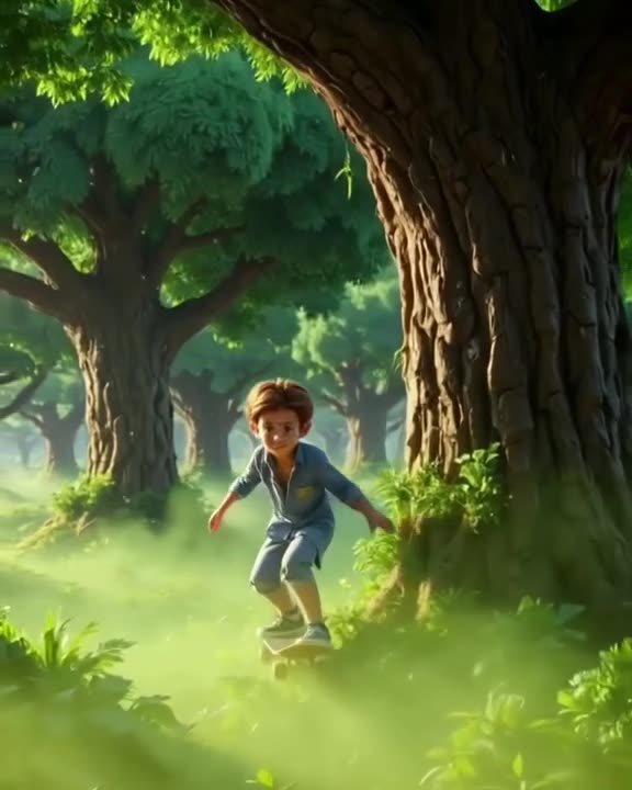 A skateboard rolls through a forest where trees are made of giant broccoli. Green mist ro…