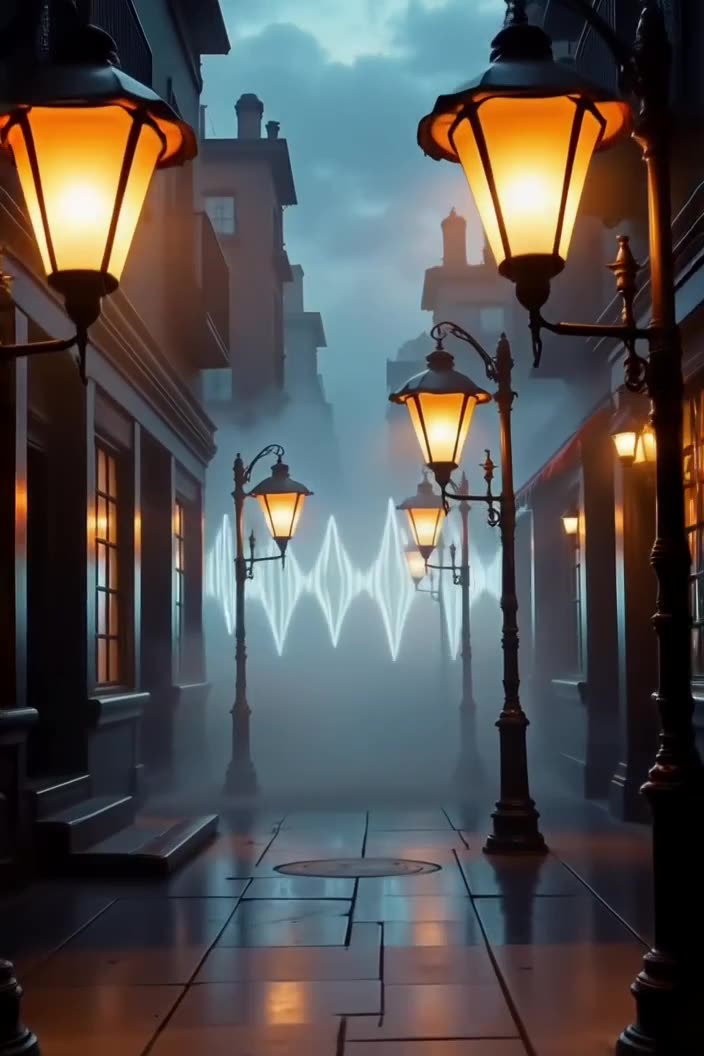 Street lamps in a foggy alleyway bow their heads in respect as a phantom DJ passes by. Th…