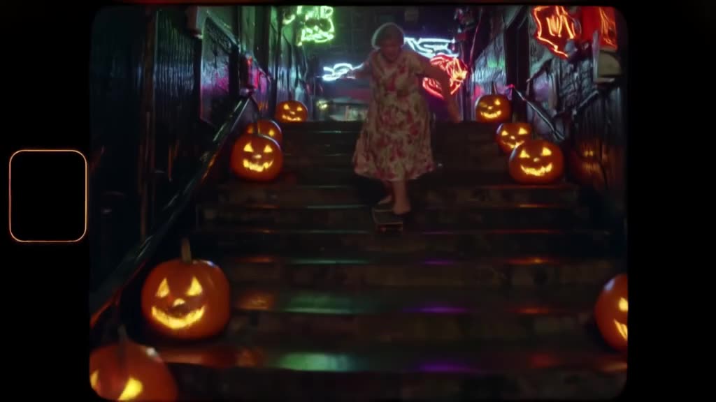 A grandmother in a floral dress skateboards down a stairway of glowing jack-o'-lanterns i…