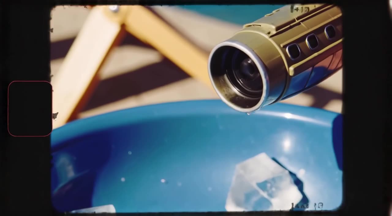 A vintage camcorder perspective of a toy submarine diving into a bowl of blue Gatorade. I…