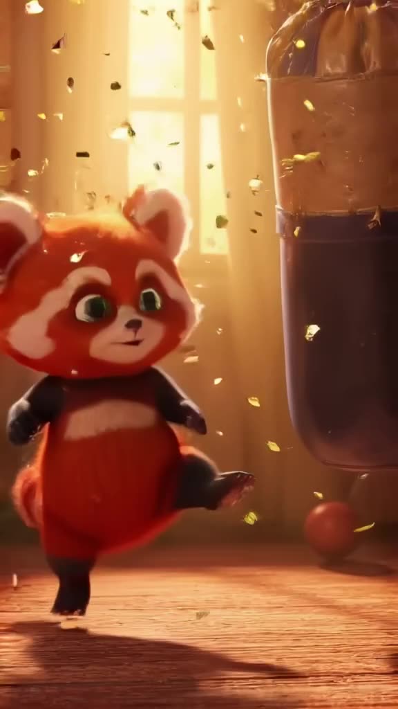 A red panda does a spinning kick to a punching bag, sending confetti flying. Confetti cat…