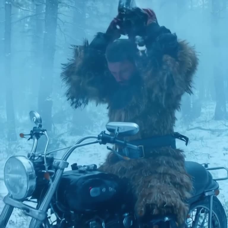 A clumsy Viking in furs struggles to strap a modern GoPro helmet to his head while sittin…