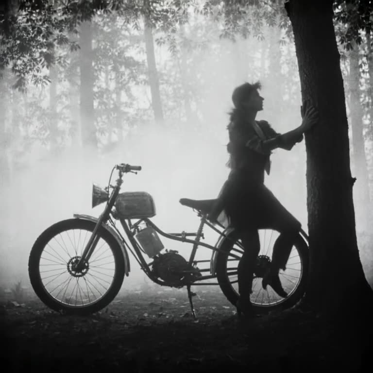 Side profile of a cruiser bike in a foggy forest. The rider’s shadow detaches and dances …