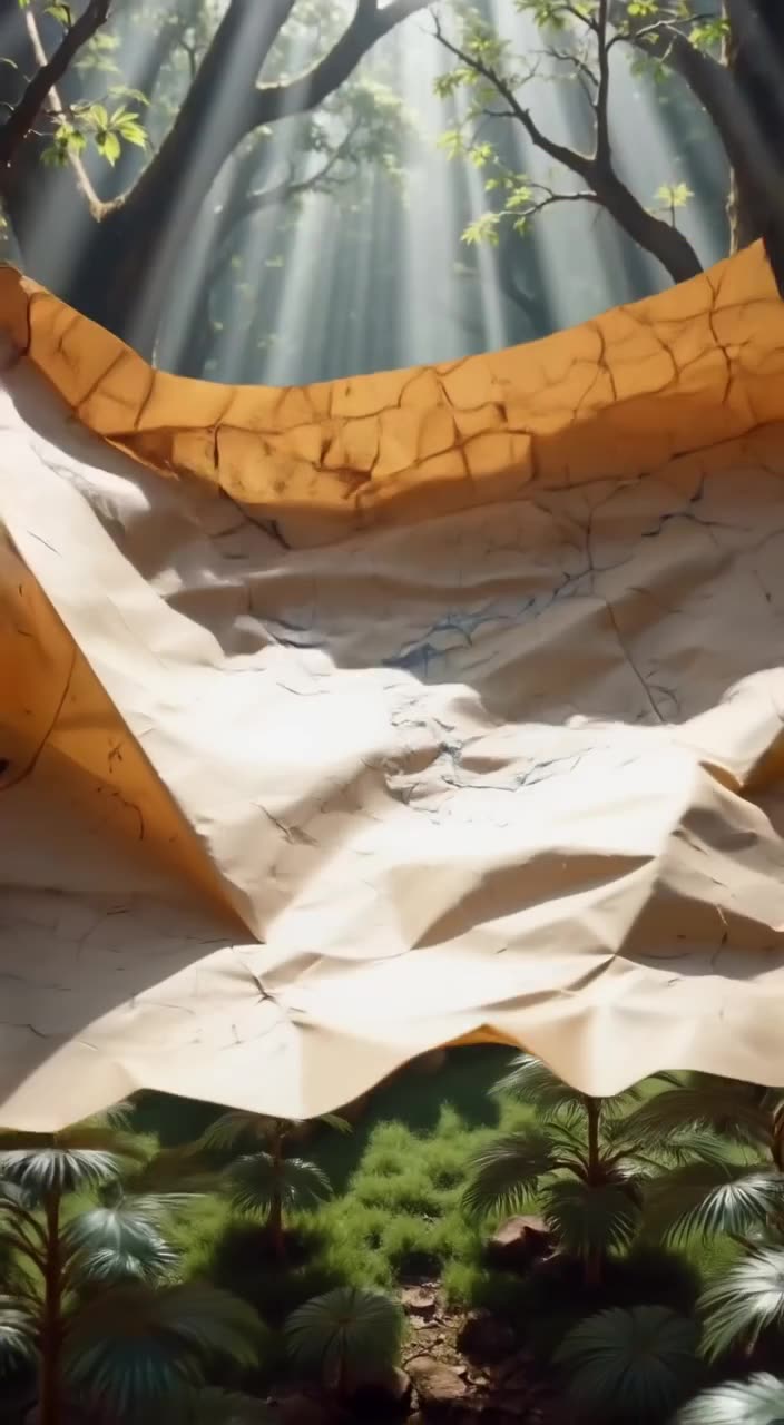 A crumpled parchment map flutters in a breeze, then folds itself with crisp paper sounds …