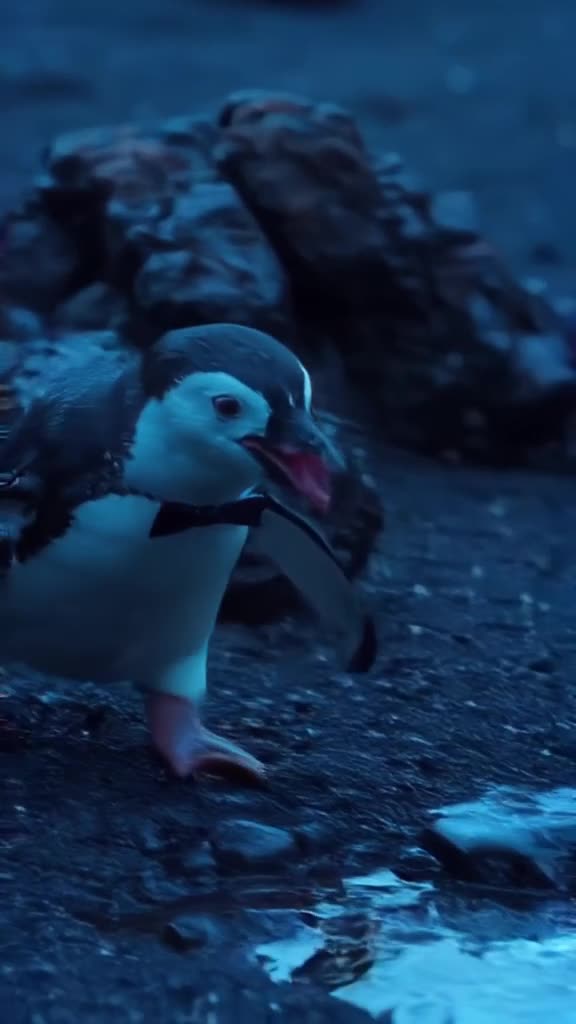 A penguin waddles confidently across black sand volcanic rocks, wearing a tiny tuxedo tie…