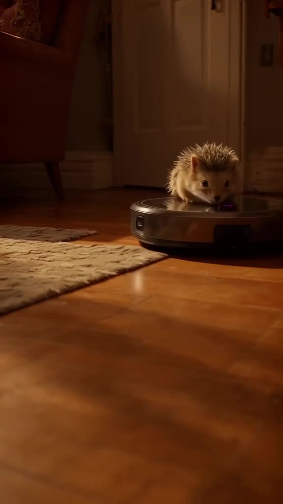 A baby hedgehog rolls into a sleek, circular robot vacuum. The vacuum beeps happily and s…