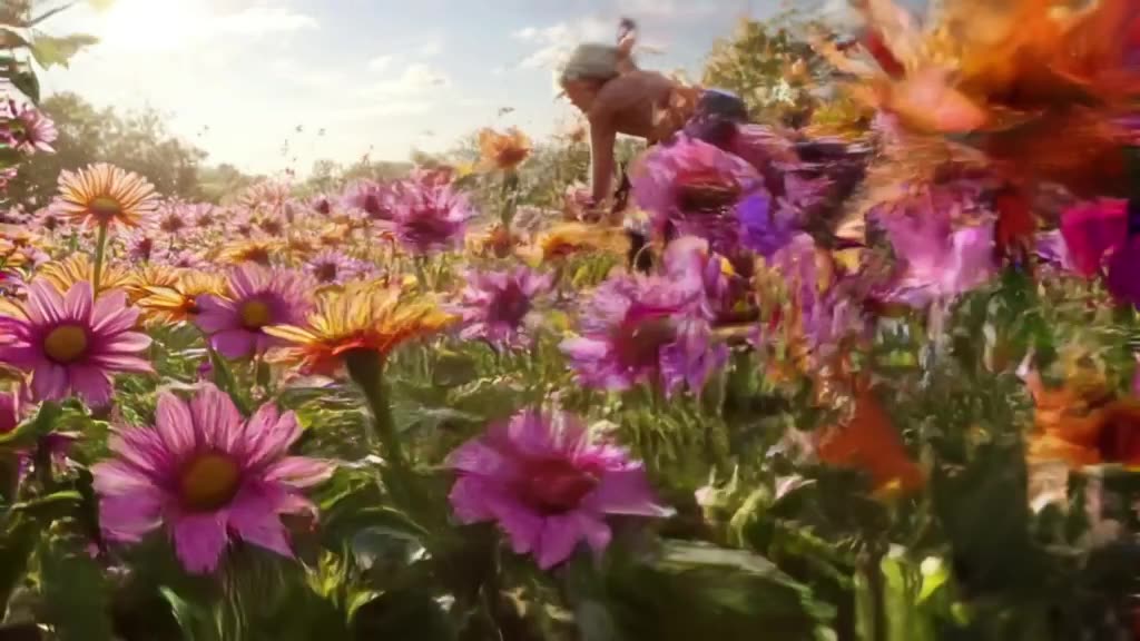 An old man mountain biking through a field of giant, colorful flowers, petals exploding i…