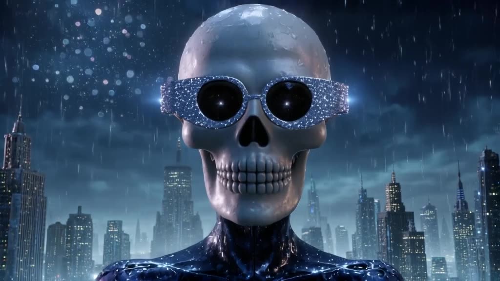 A sugar skull wears a pair of oversized, sparkling sunglasses. It slowly lowers them to r…
