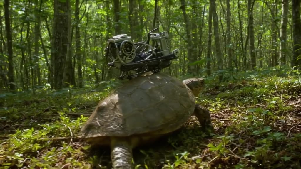 POV: A turtle is wearing a miniature motorcycle engine on its shell, crawling slowly thro…