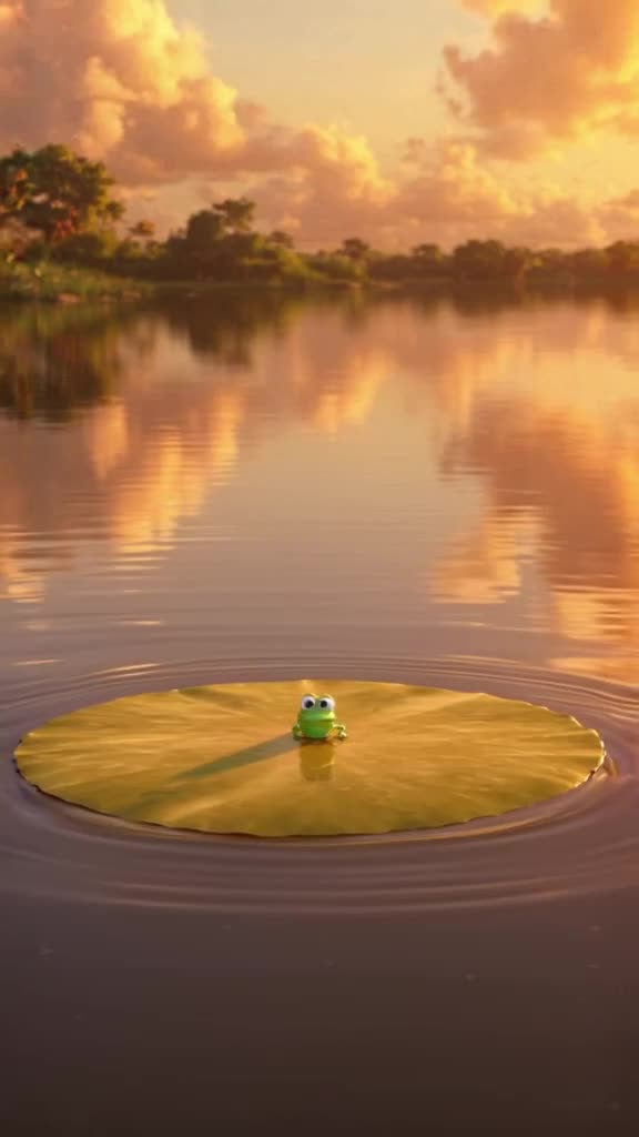 Pixel art landscape showing a serene lake reflecting golden hour clouds. A tiny pixel fro…