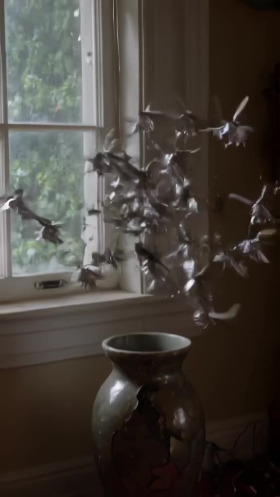 A flock of balloons shaped like tiny birds flies out of a cracked vase. Each balloon is a…