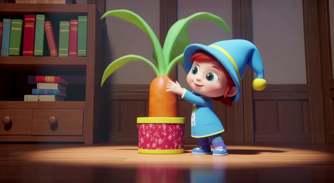Miniature magician pulls a giant carrot out of a hat. The carrot stretches impossibly lon…