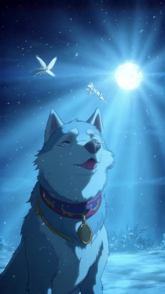 A husky howls at the moon while snow falls, but the snow is actually tiny, glowing origam…