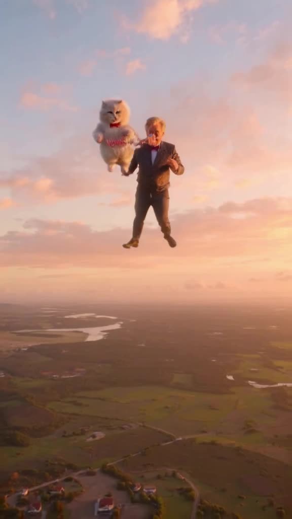 A fluffy cat wearing a tiny tuxedo and bow tie skydives alongside a dapper senior man, bo…