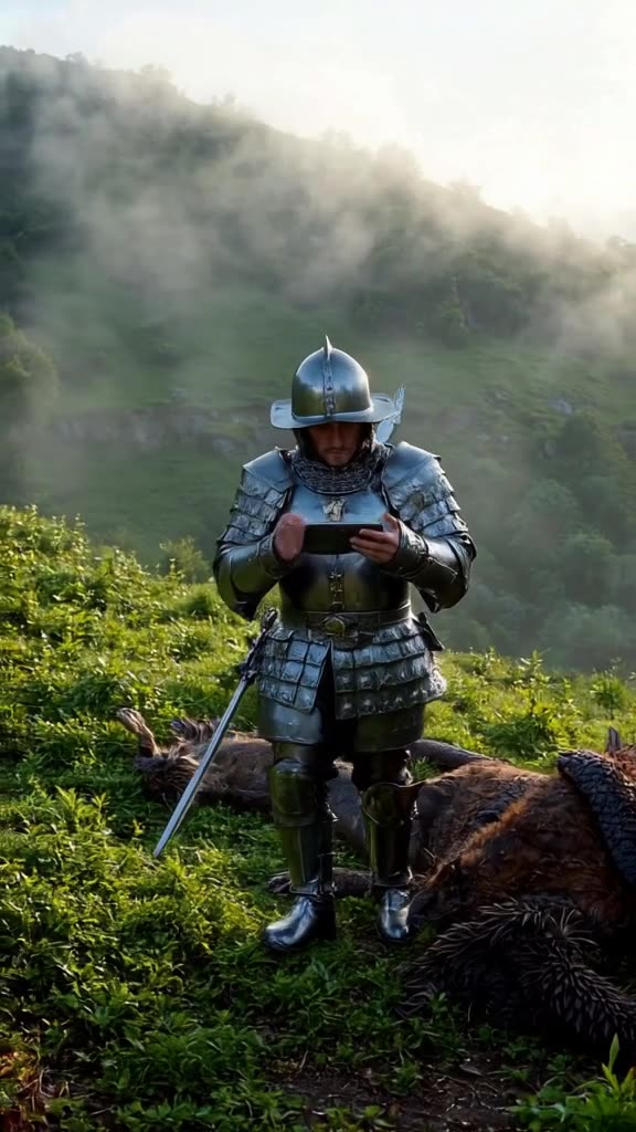 King Arthur in heavy plate mail holds a glowing iPad instead of Excalibur, tapping confus…