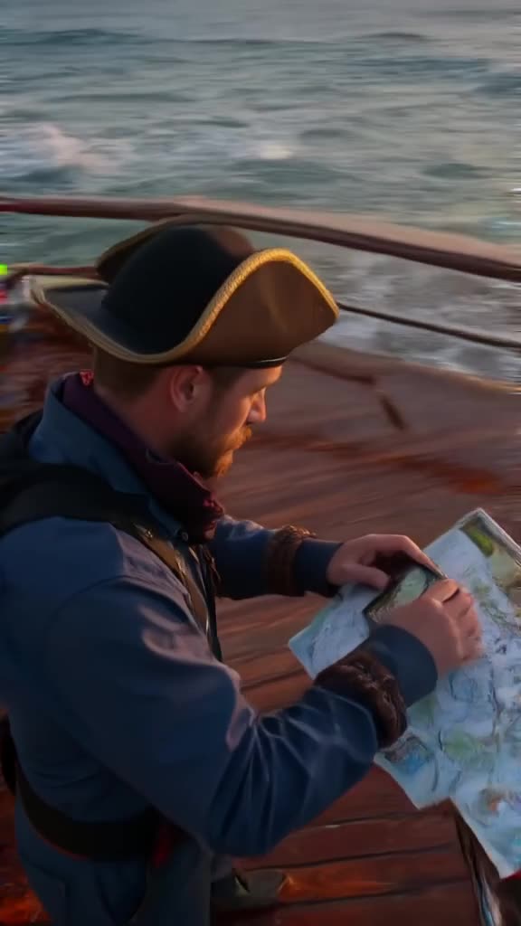 Pirate captain holds a GPS device instead of a map. He taps the screen, and a map project…