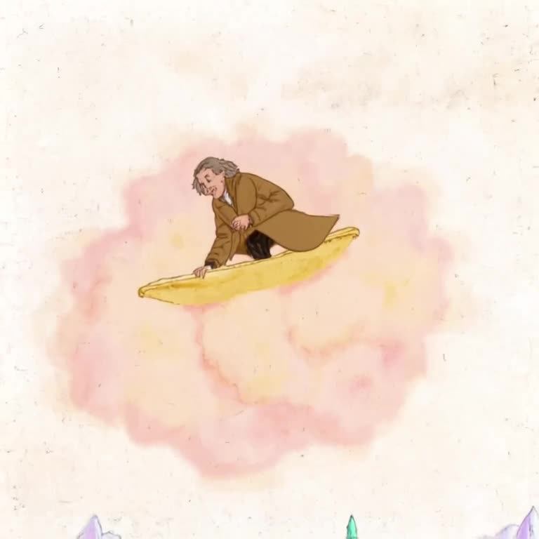 An old man in a trench coat surfs on a cloud over a city of candy houses. The camera tilt…