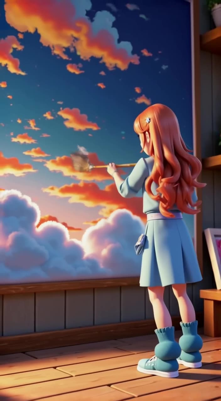 Anime-style girl painting a sky mural. She dips her brush, and the painted clouds physica…