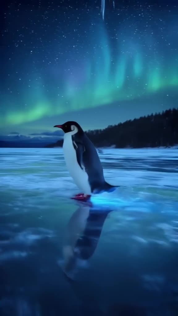 A penguin in a tuxedo glides across a frozen lake at midnight, leaving trails of glowing …