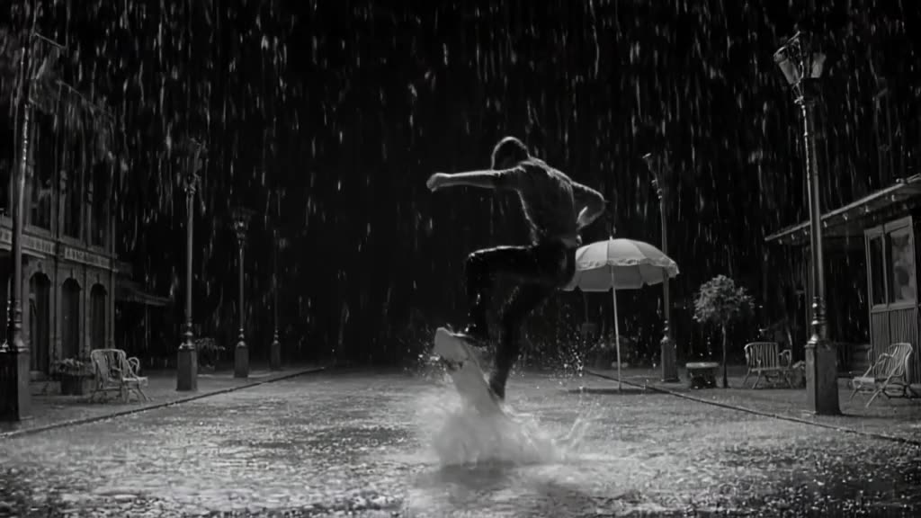 Rain falls upward in a stylized noir street scene. A skateboarder rides backwards, defyin…