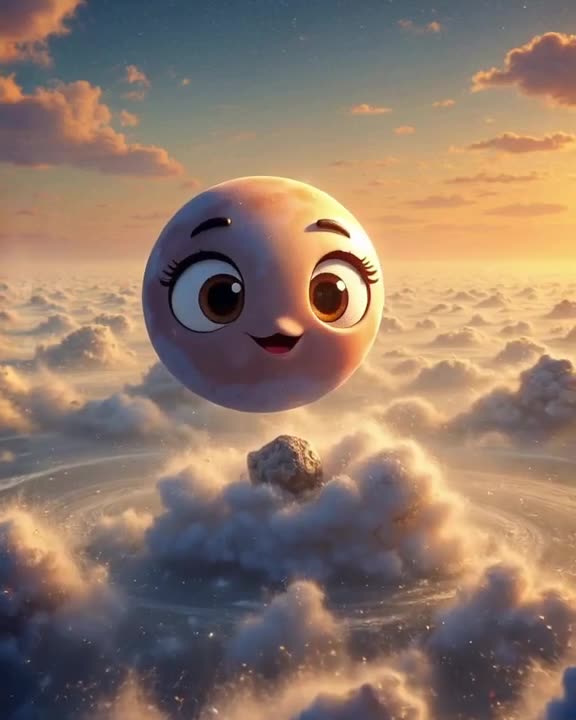Cute Saturn with expressive anime eyes rolls its eyes at a tiny asteroid, then sneezes gl…