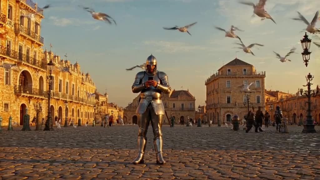 A knight in polished silver armor stands in a vibrant Mykonos piazza at golden hour, hold…
