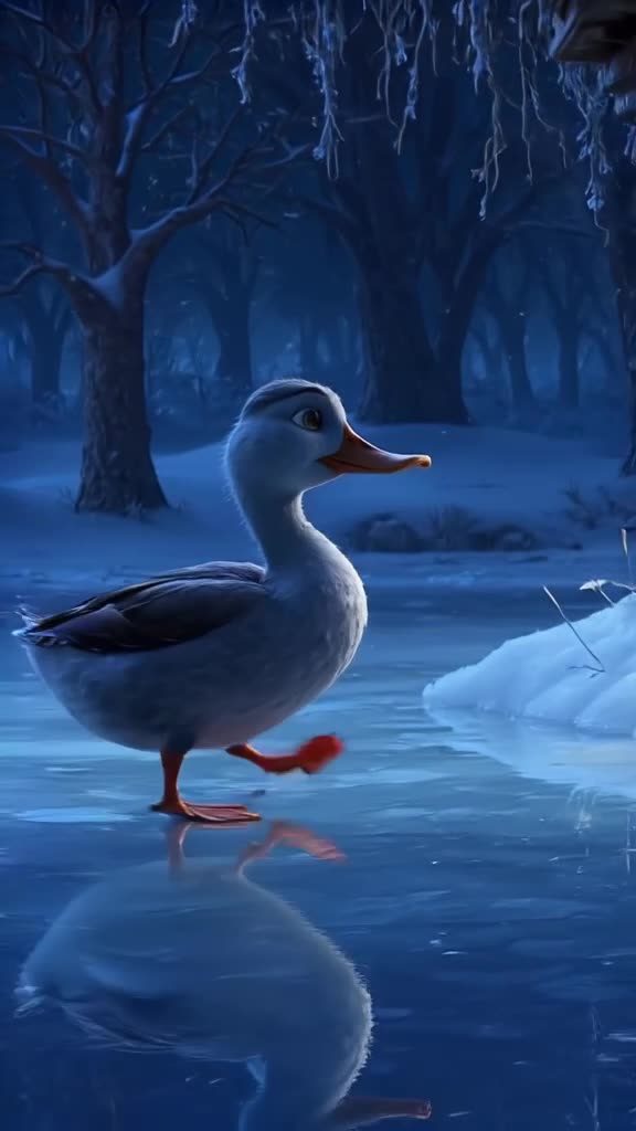 A duck waddles across a frozen pond, stopping to politely tap on a fish's window like it’…