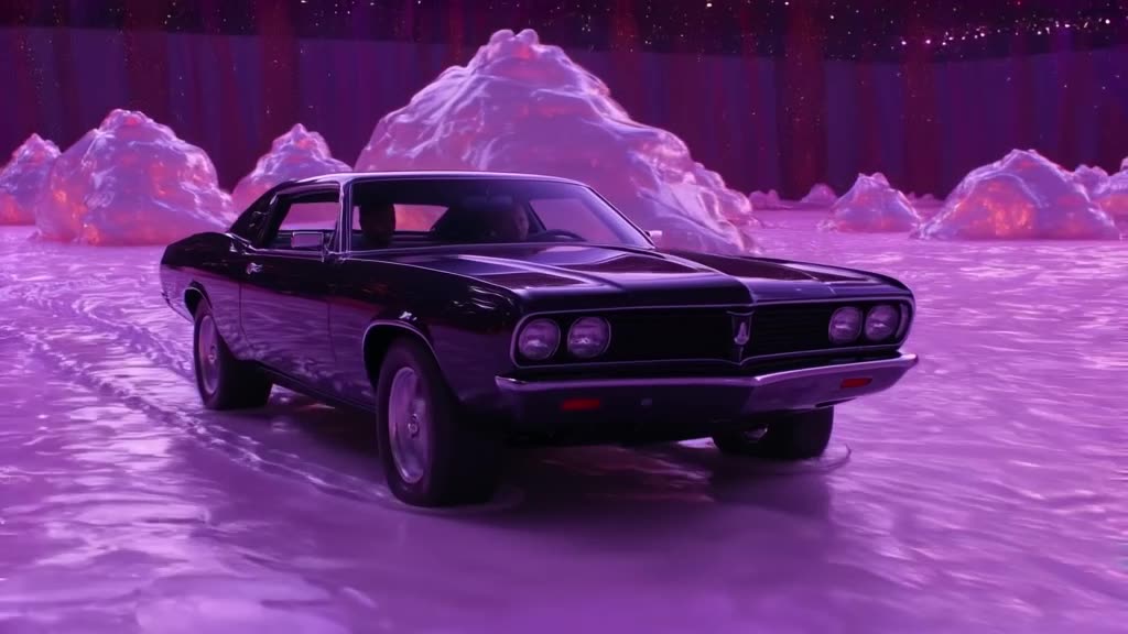 A classic muscle car drives through a field of giant, glowing gelatinous desserts. The ti…