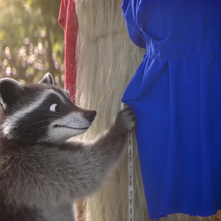 A raccoon dressed as a tailor measures a vibrant blue jellaba with a tape measure, lookin…