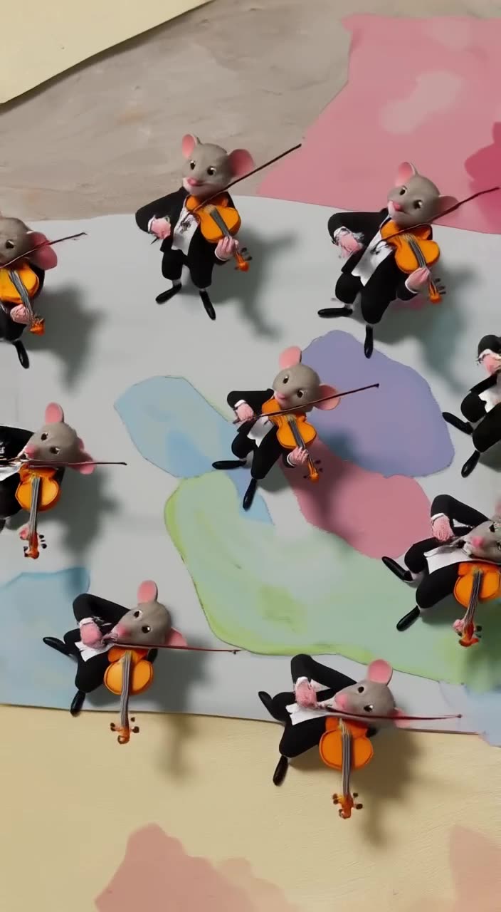 A tiny mouse in a tuxedo conducts a choir of other mice, each holding a minuscule violin.…