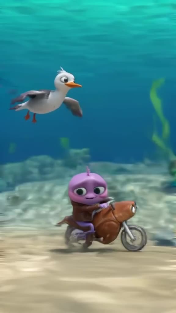 A tiny octopus wearing a miniature leather jacket rides a hermit crab shell like a motorc…